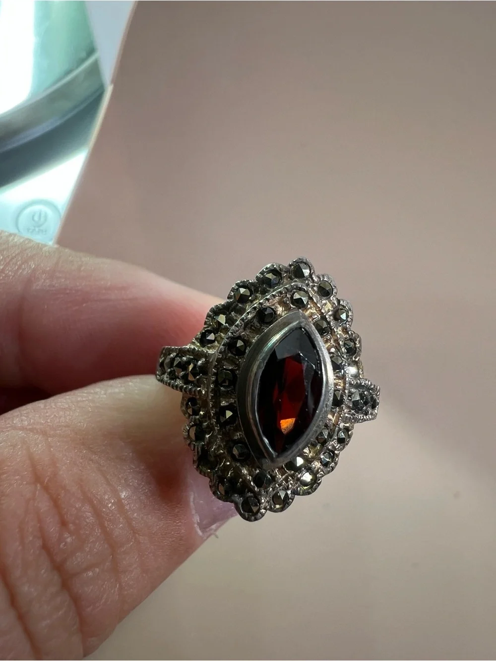 Vintage-Style Women's Marquise Garnet Red Ring in Sterling Silver